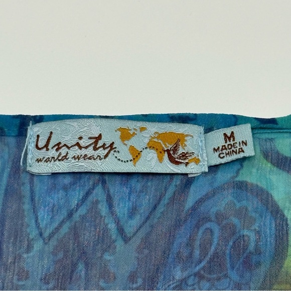 Unity World Wear Women’s Blue Green Studded Patterned Top Medium Flutter Sleeve - Picture 7 of 15